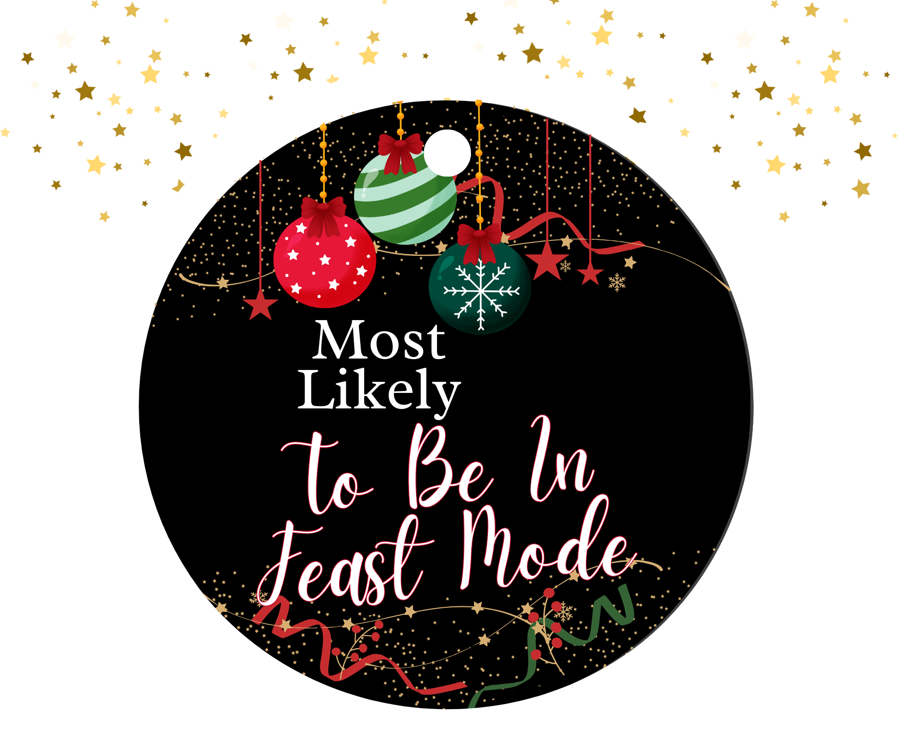 Round black ornament with red, green, and gold Christmas decorations featuring the humorous text 'Most Likely To Be In Feast Mode'.