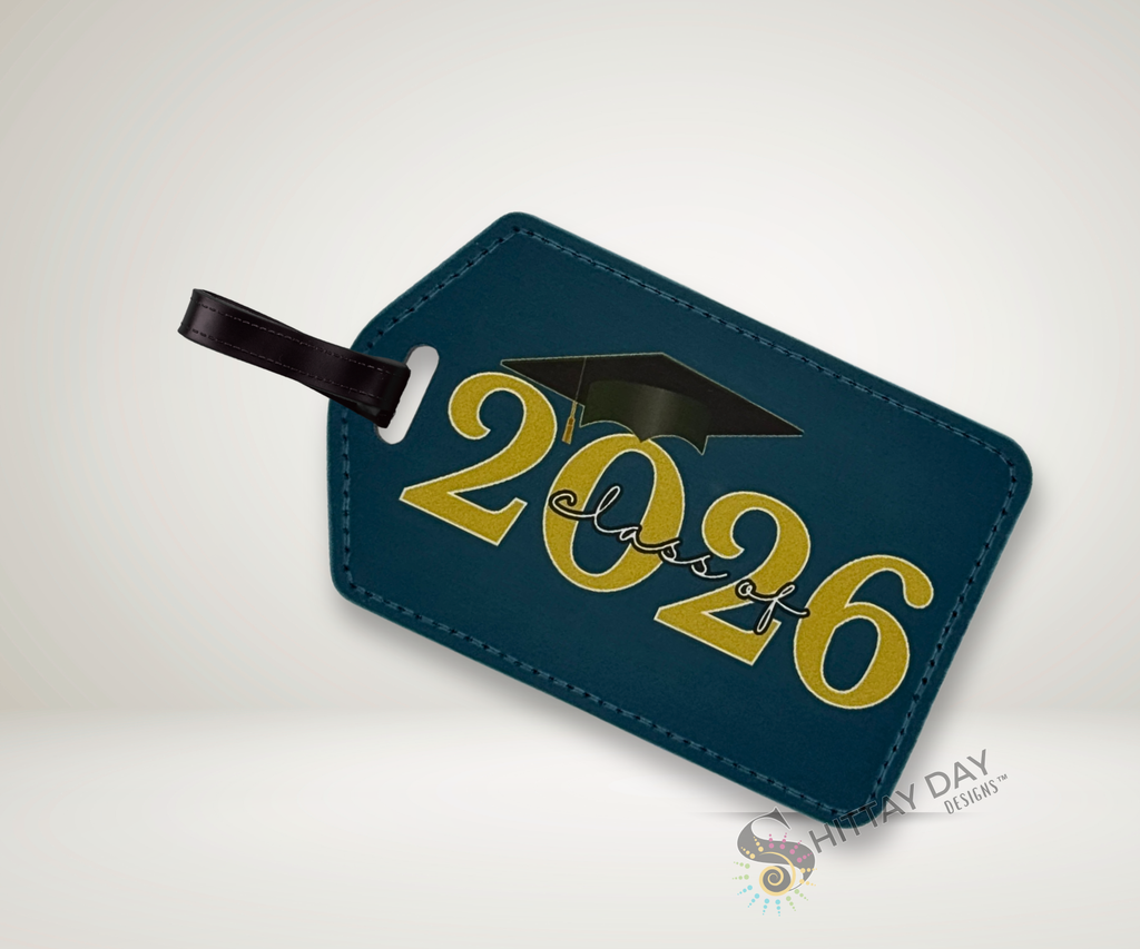 Blue luggage tag with 'Class of 2026' design on a white background
