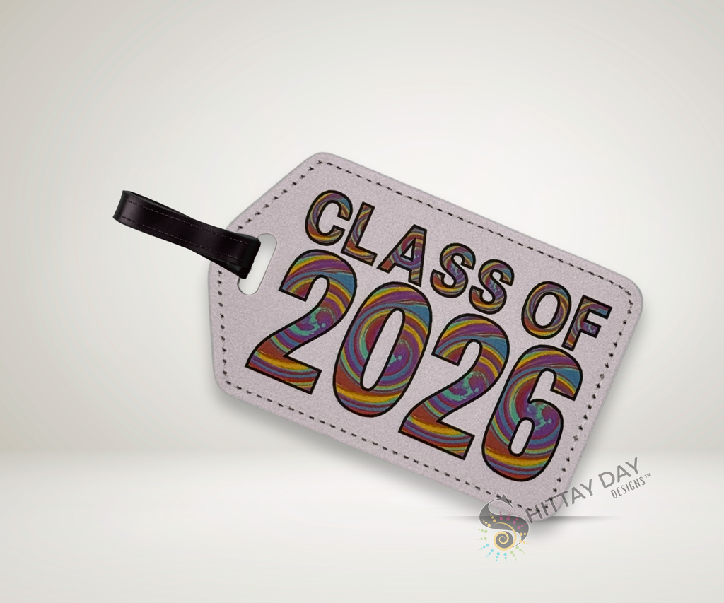 Luggage tag with 'Class of 2026' tie dye text on a light lavender background