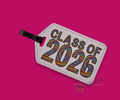 Light lavender luggage tag with 'Class of 2026' tie dye text merchandised on a pink background