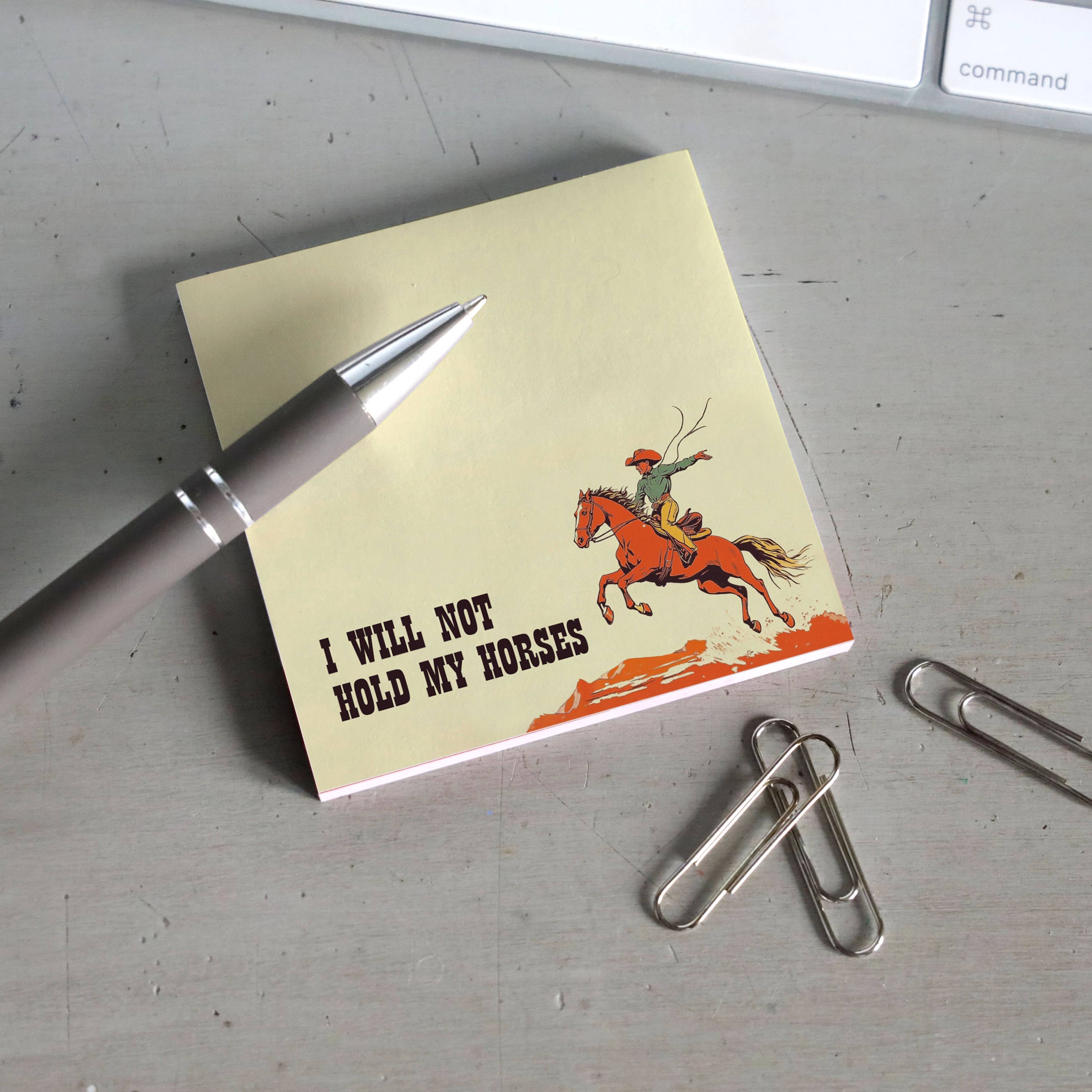 I WILL NOT HOLD MY HORSES FUNNY SARCASTIC COWBOY STICKY NOTE PAD