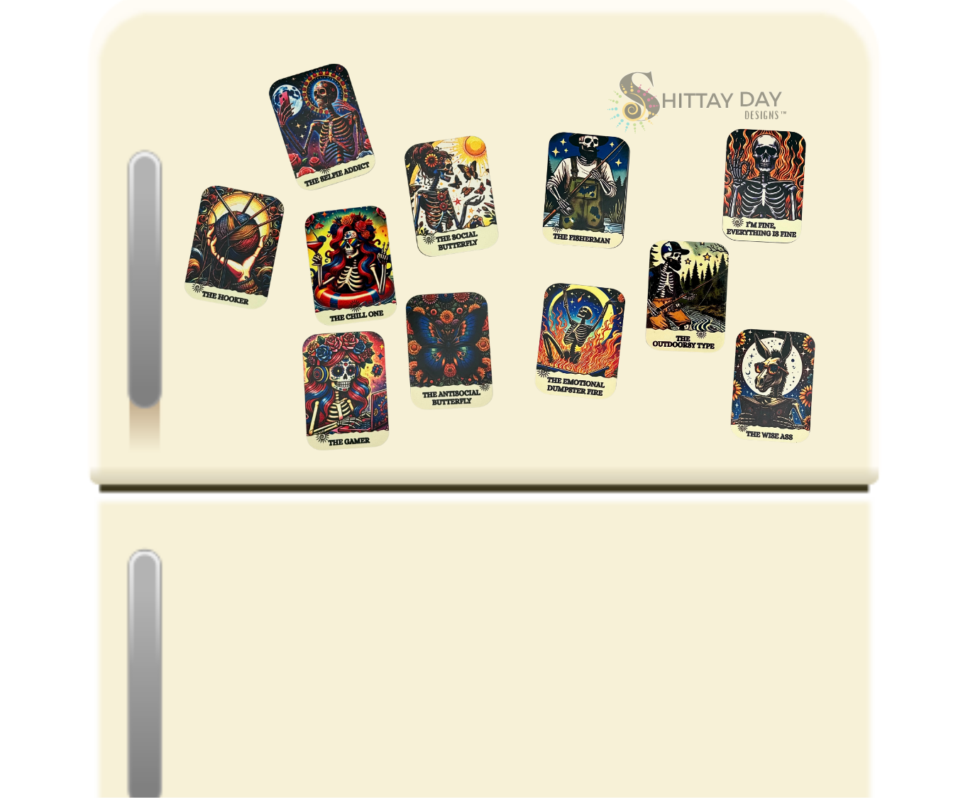 Beige refrigerator with colorful tarot card inspired magnets on a white background