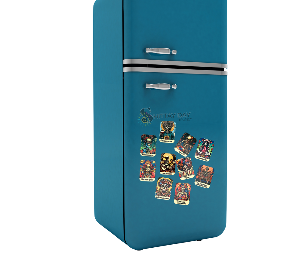 Blue refrigerator with colorful magnets on a white background