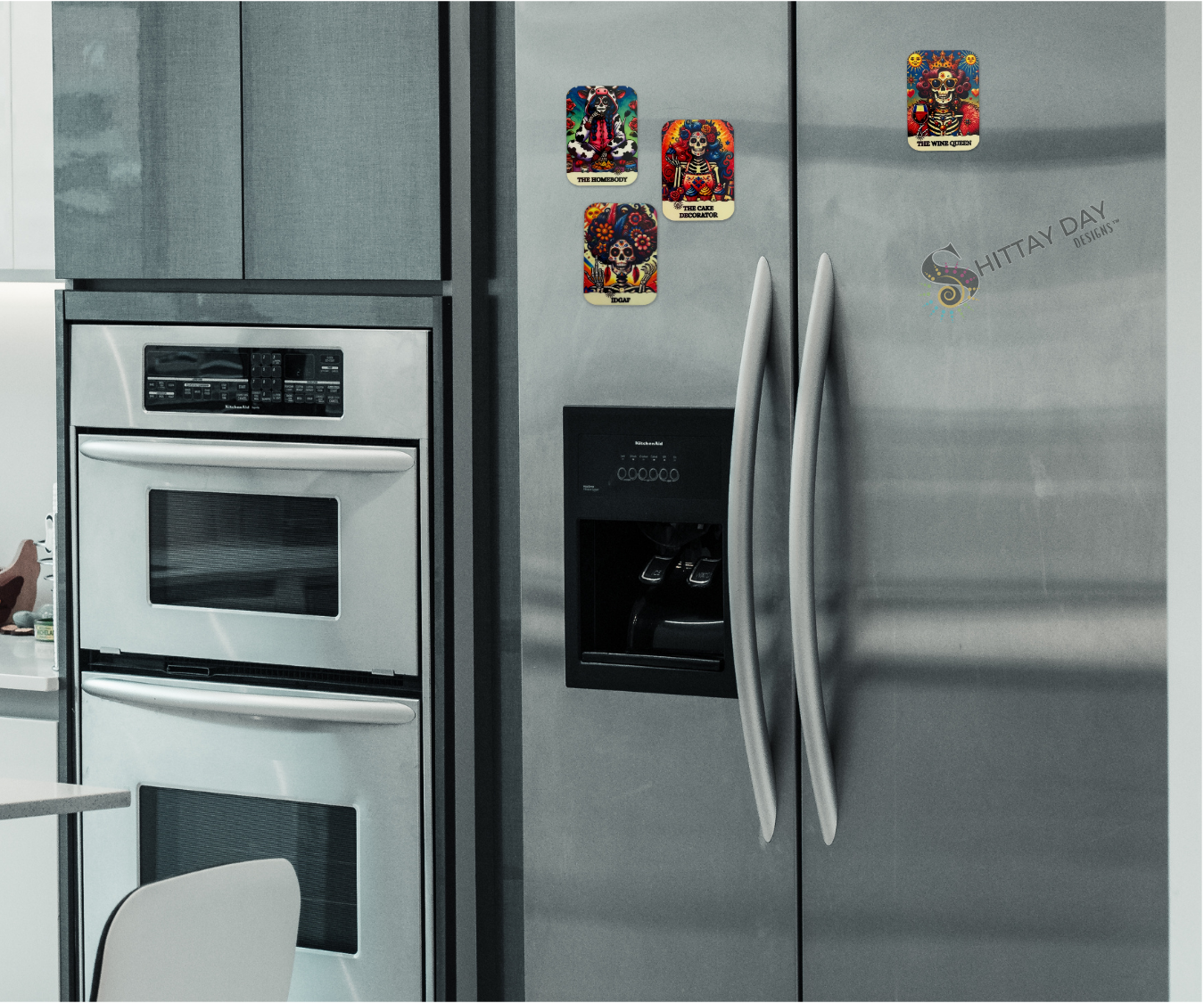 Collection of skeleton-themed Bone-afide Personality Magnets on a metallic refrigerator door surface