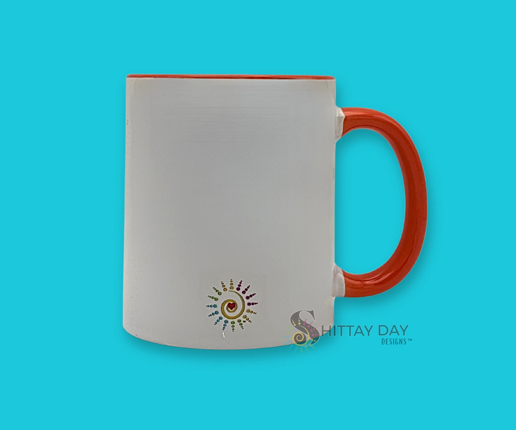 Back view of the Breakfast Club vintage-inspired 11.8 oz orange-and-white two-tone ceramic mug.
