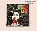 Square ceramic coaster with a retro inspired graphic design of a woman blowing a bubble gum bubble and the text 'F*CK IT!' on a black and gray wavy striped patterned background.