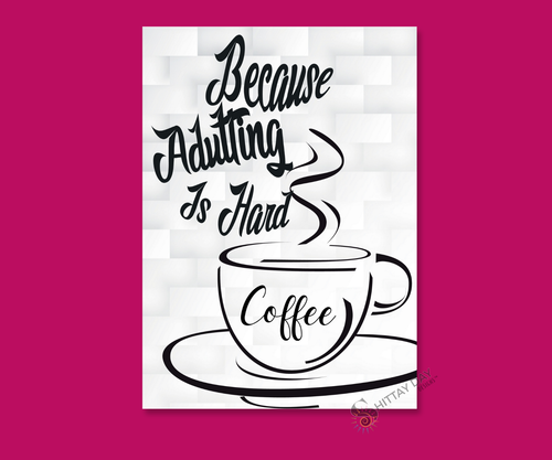 COFFEE - BECAUSE ADULTING IS HARD | Cardcor™ Greetings — aluminum keepsake card with bold coffee design, merchandised on a colorful background. Card+Decor by Shittay Day Designs.