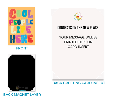 COOL PEOPLE LIVE HERE | Cardcor™ Greetings — front and back of aluminum keepsake card showing magnetic back layer and custom message insert. Card+Decor by Shittay Day Designs.