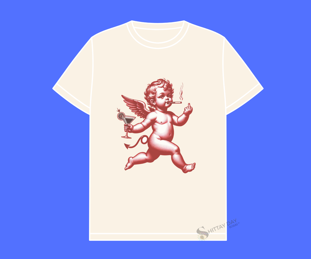 White t-shirt with a red cherub smoking a cigarette, holding a martini glass, and flashing a middle finger design on a blue background.