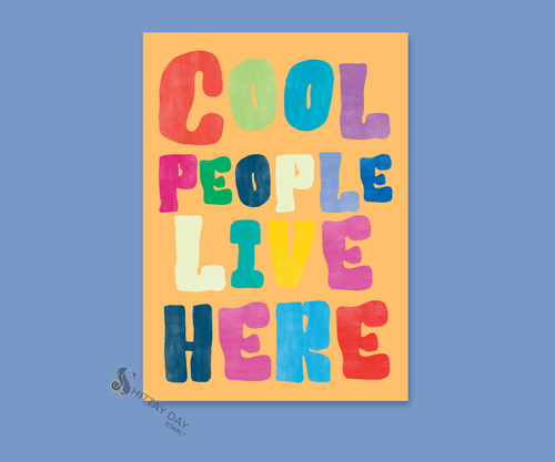 COOL PEOPLE LIVE HERE | Cardcor™ Greetings — aluminum keepsake housewarming card with bold colorful typography design, merchandised on a bright background. Card+Decor by Shittay Day Designs.