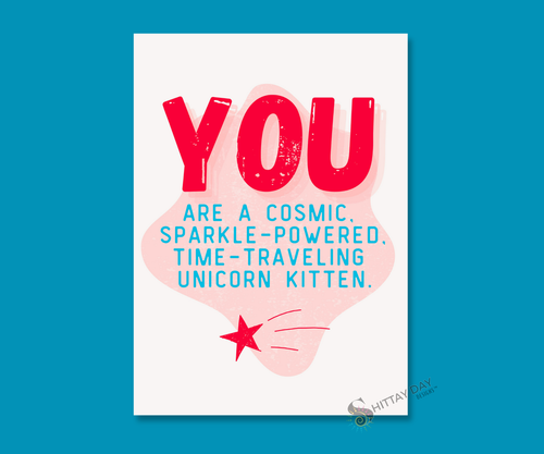 COSMIC SPARKLE-POWERED TIME-TRAVELING UNICORN KITTEN | Cardcor™ Greetings — aluminum keepsake card with magical unicorn kitten design, merchandised on a colorful background. Card+Decor by Shittay Day Designs.