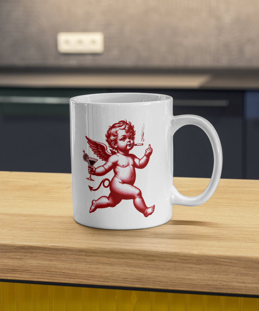 White mug with red cherub smoking a cigarette, holding a martini glass, and flashing a middle finger design on a wooden surface