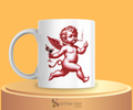 White mug with red cherub smoking a cigarette, holding a martini glass, and flashing a middle finger design merchandised on a yellow background