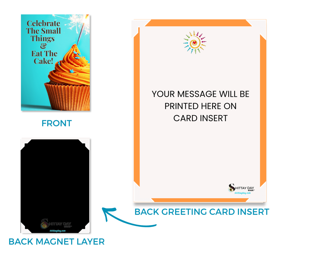 Front side of aluminum keepsake card with a cupcake and the text "Celebrate the small things & eat the cake". The backside magnetic layer and the attached customizable  back side card insert