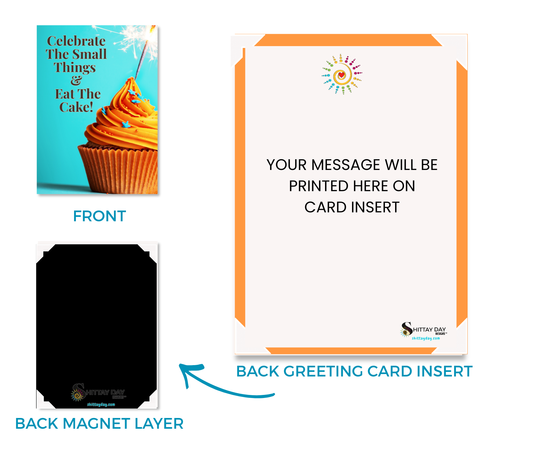 Front side of aluminum keepsake card with a cupcake and the text "Celebrate the small things & eat the cake". The backside magnetic layer and the attached customizable  back side card insert