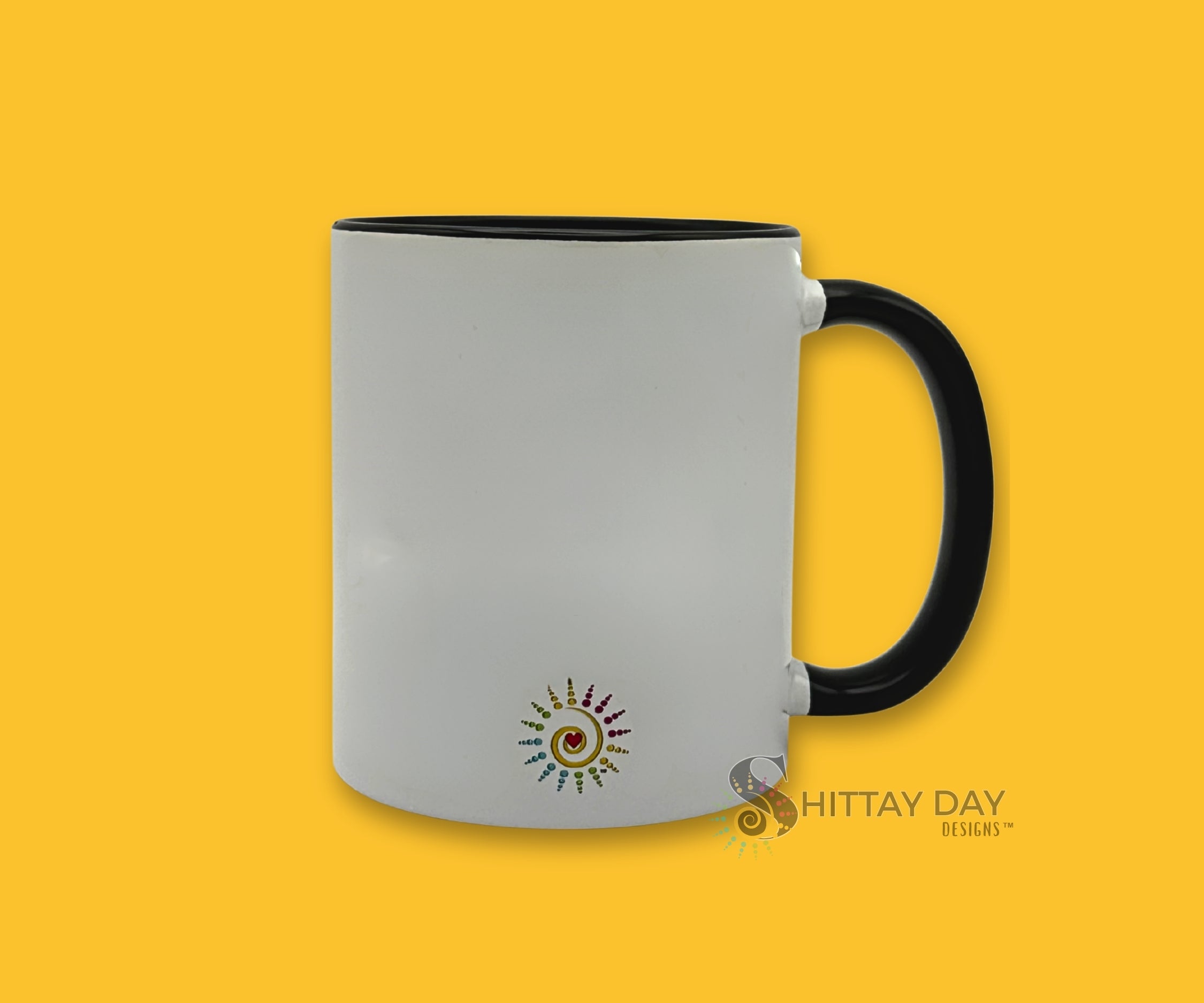 Back view of the What Fresh Hell Awaits Me Today 11.8 oz black-and-white two-tone ceramic mug.
