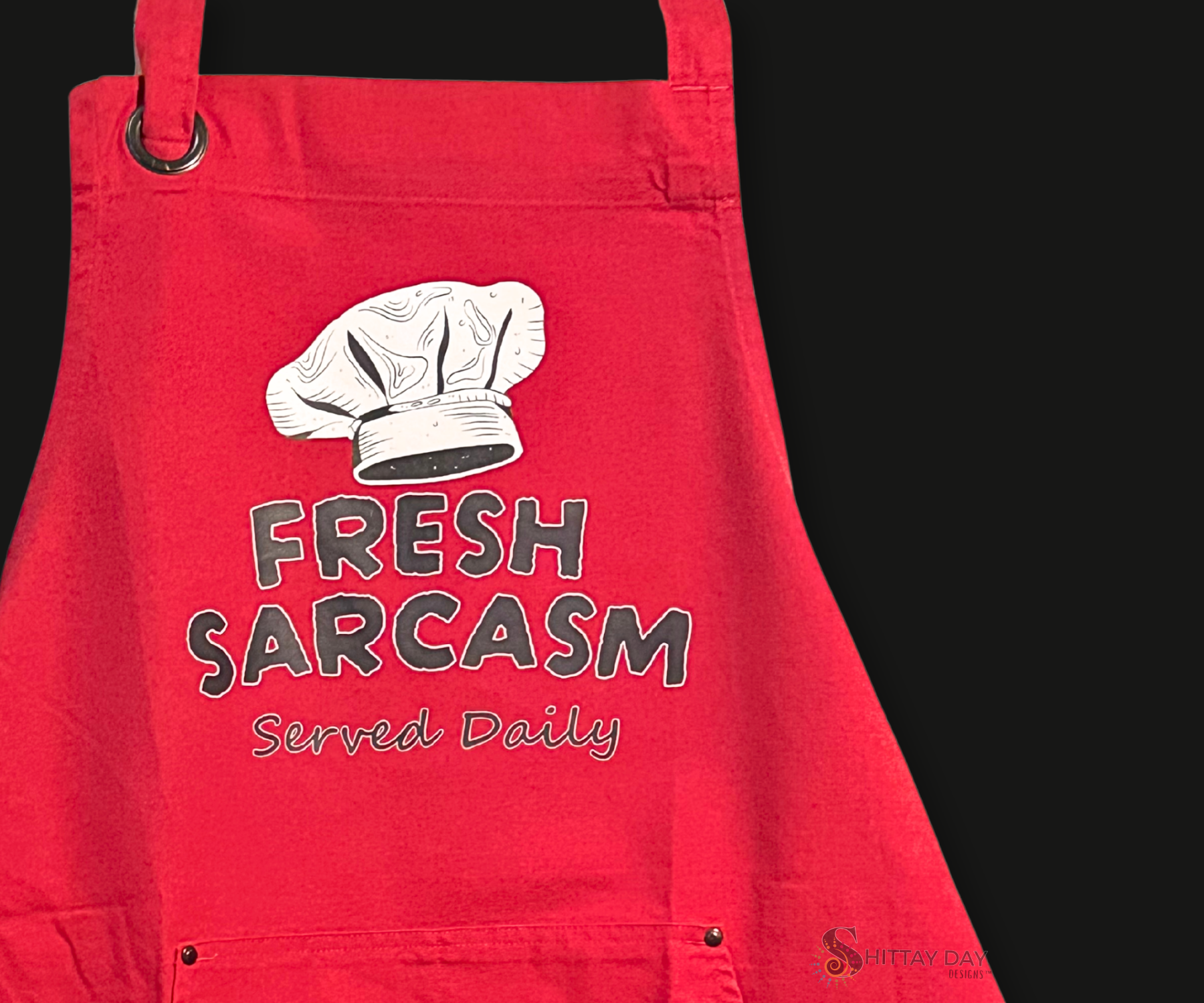 FRESH SARCASM SERVED DAILY SASSY BIB APRON  WITH POCKETS - RED