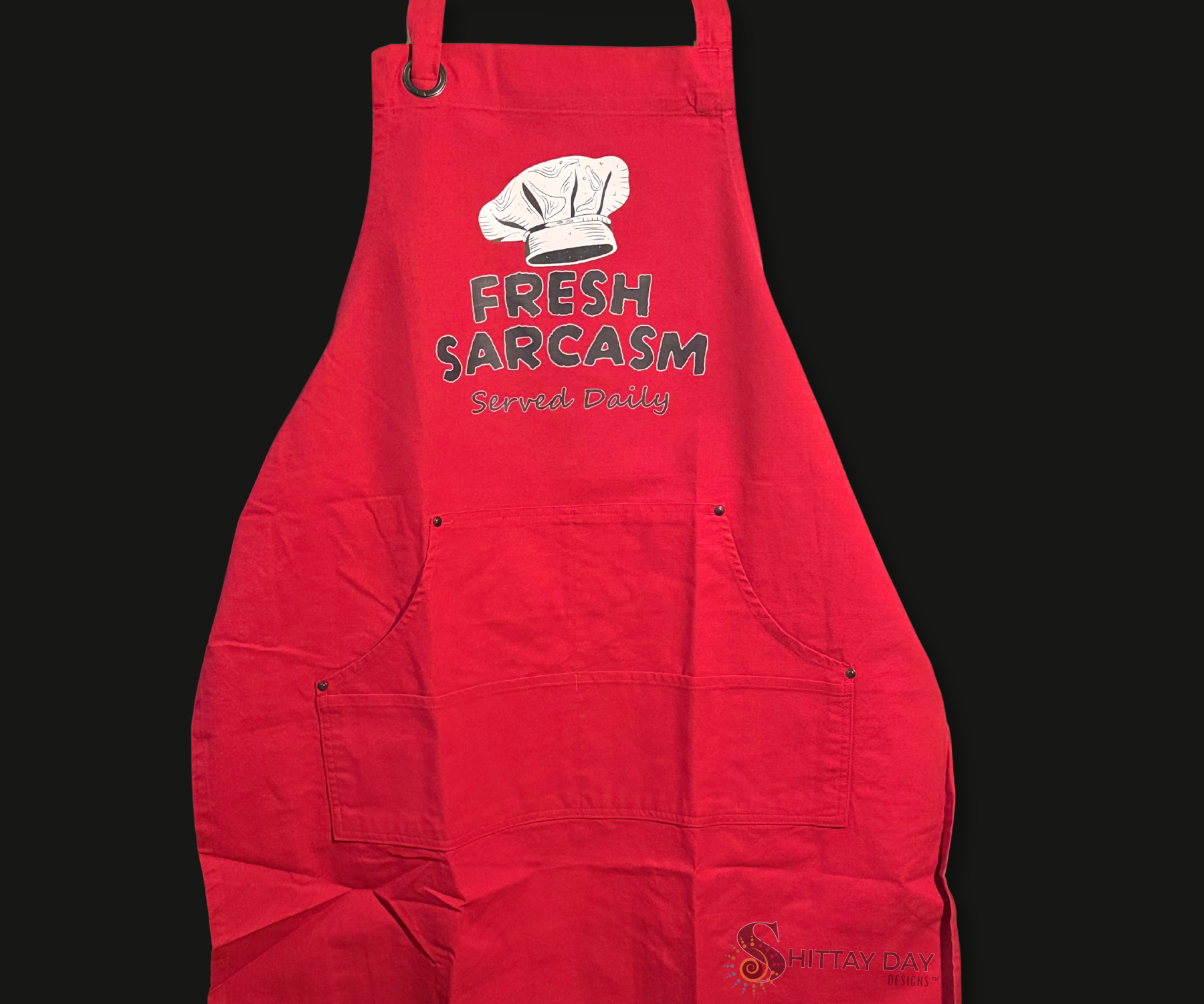 FRESH SARCASM SERVED DAILY SASSY BIB APRON  WITH POCKETS - RED