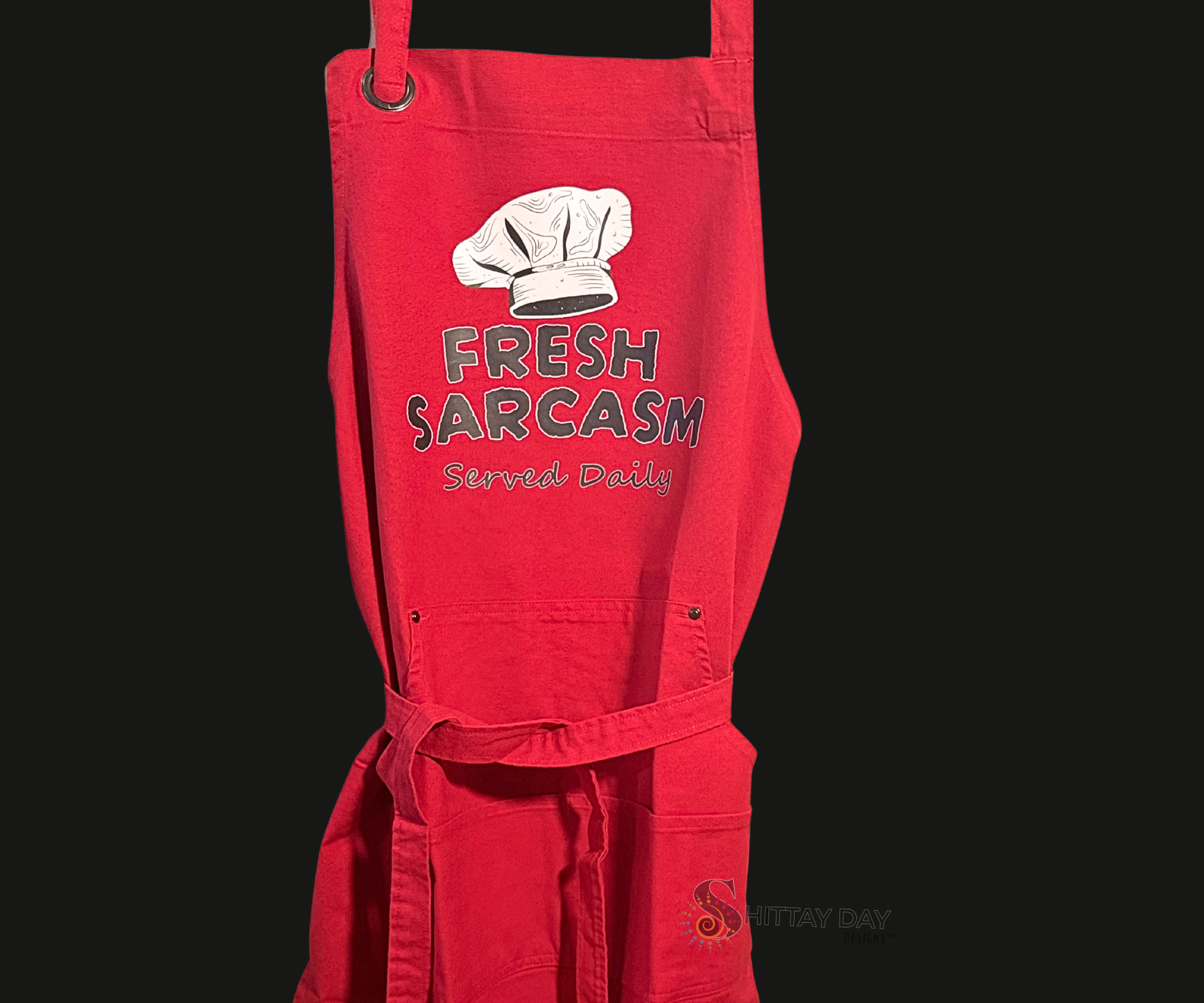 FRESH SARCASM SERVED DAILY SASSY BIB APRON  WITH POCKETS - RED