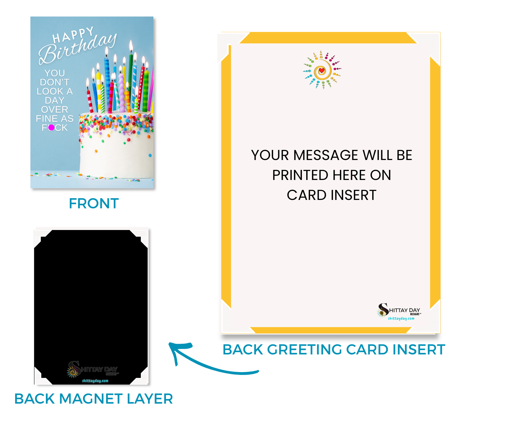Aluminum keepsake birthday card front with cake, candles, and funny message "Happy Birthday, you don't look a day over fine as fuck". Back side of card magnetic layer, and an image of the customizable card that affixes to the back. 