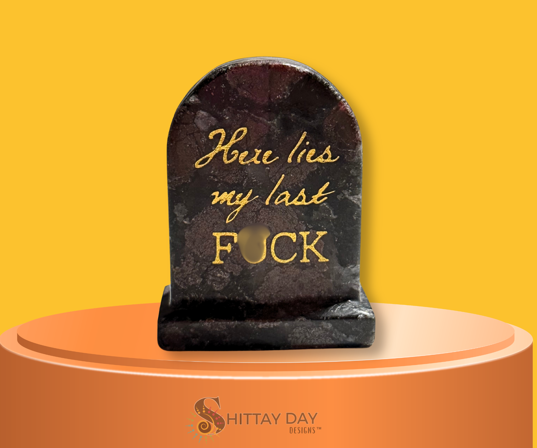 Natural crystal carved tombstone reading “Here lies my last F*CK,” small dark-humor shelf and desk decor.
