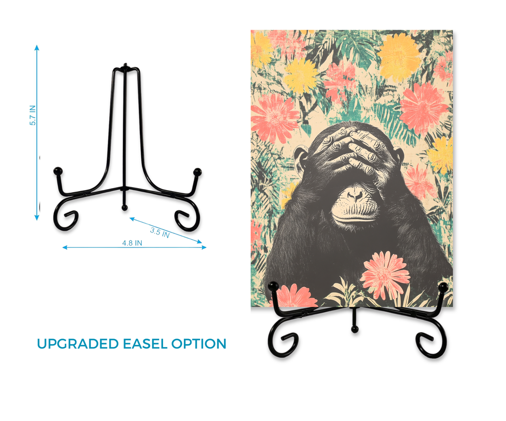 I JUST CAN'T EVEN | Cardcor™ Greetings — aluminum keepsake pop art ape card displayed on upgraded black metal easel stand. Card+Decor by Shittay Day Designs.