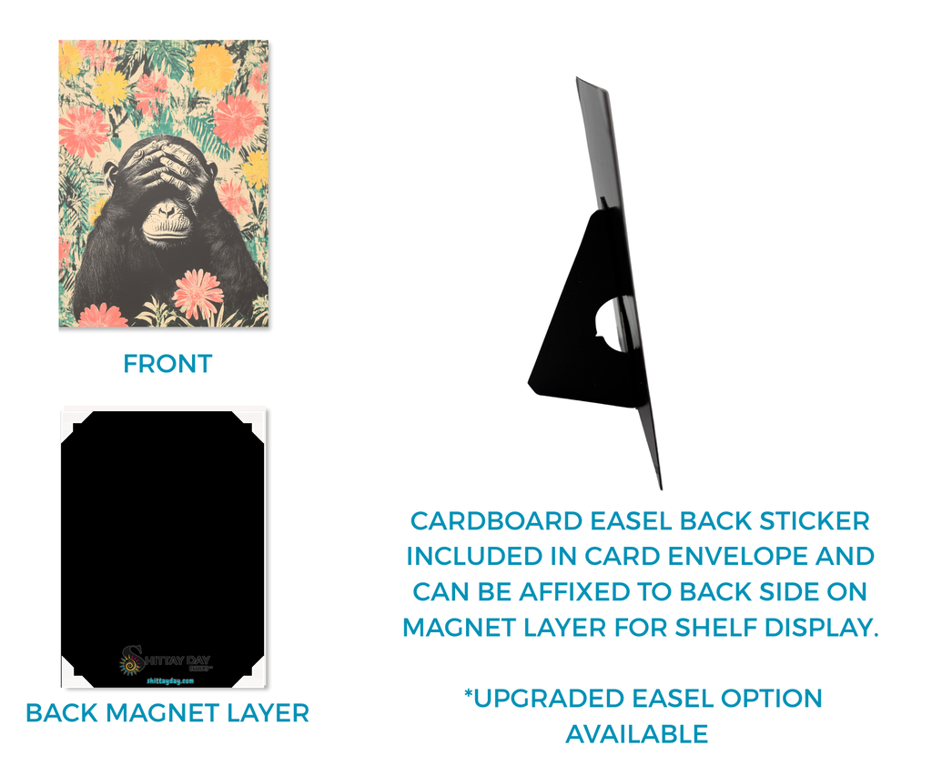 I JUST CAN'T EVEN | Cardcor™ Greetings — front, magnetic back panel, and included cardboard easel stand of the aluminum keepsake card. Card+Decor by Shittay Day Designs.