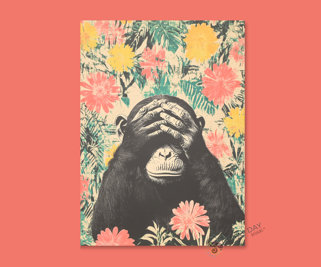 I JUST CAN'T EVEN | Cardcor™ Greetings — aluminum keepsake card with retro pop art bewildered ape design, merchandised on a bold background. Card+Decor by Shittay Day Designs.
