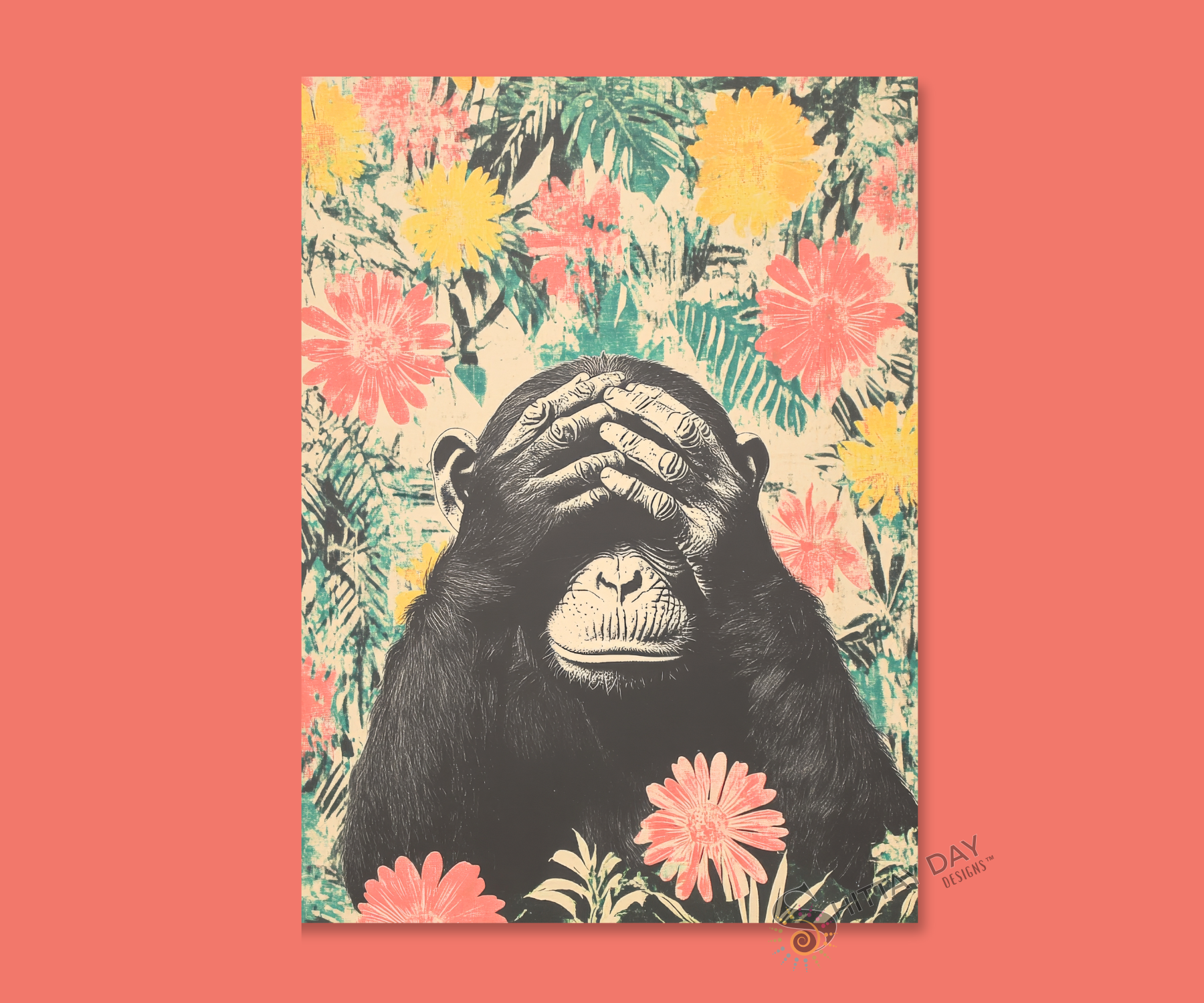 I JUST CAN'T EVEN | Cardcor™ Greetings — aluminum keepsake card with retro pop art bewildered ape design, merchandised on a bold background. Card+Decor by Shittay Day Designs.