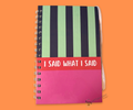 A wire bound notebook with green and dark gray striped cover and pink bottom section with the text "I said what I said" featured on an orange background.