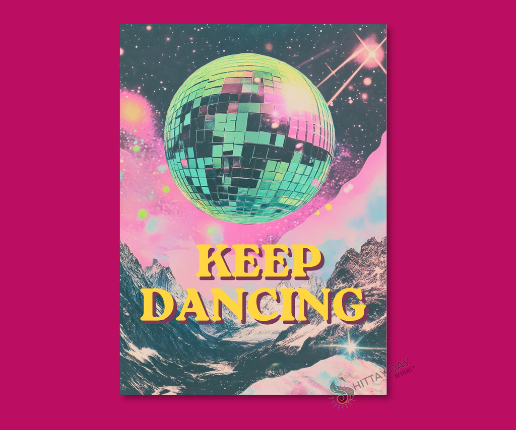 KEEP DANCING | Cardcor™ Greetings — aluminum keepsake card with bold joyful dancing design, merchandised on a colorful background. Card+Decor by Shittay Day Designs.