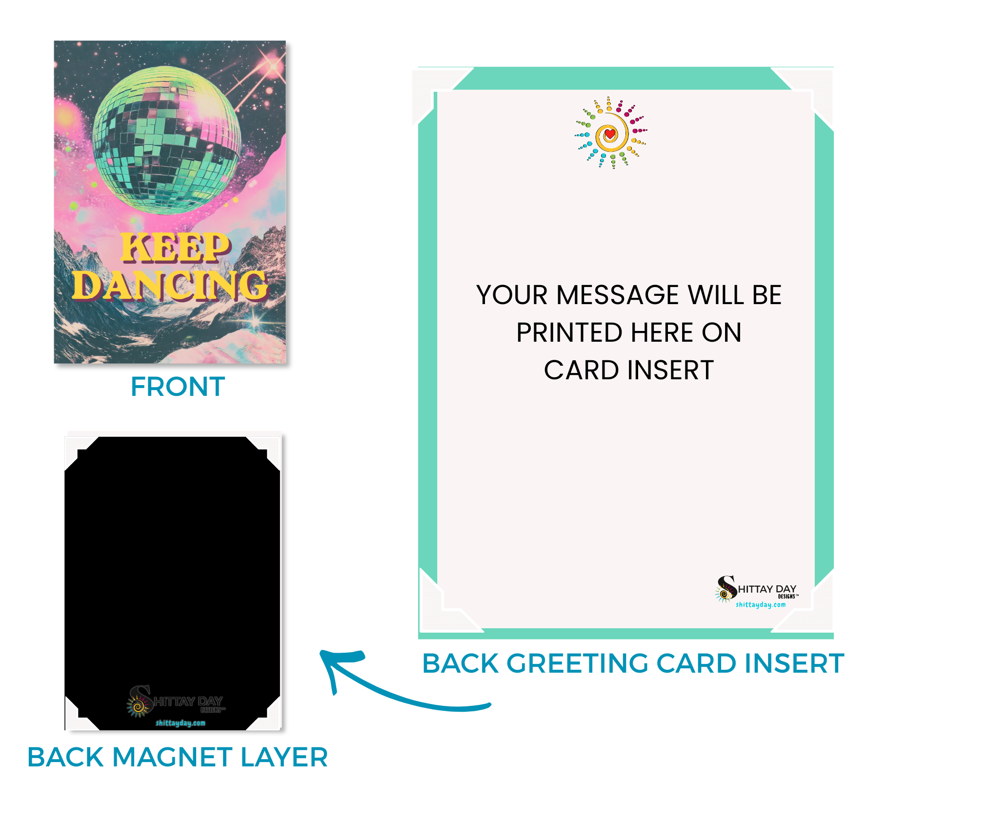 KEEP DANCING | Cardcor™ Greetings — front and back of aluminum keepsake card showing magnetic back layer and custom message insert. Card+Decor by Shittay Day Designs.