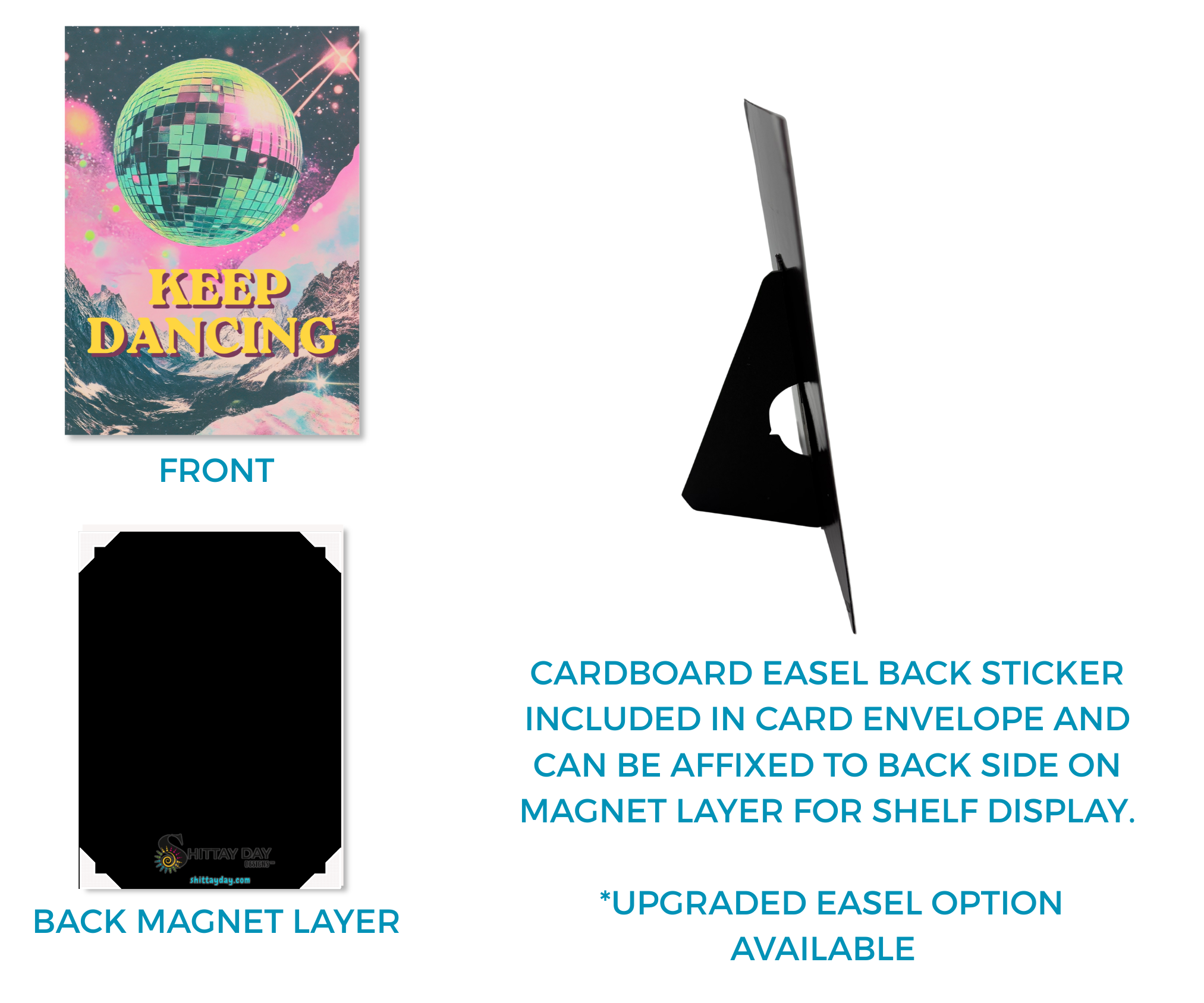 KEEP DANCING | Cardcor™ Greetings — front, magnetic back panel, and included cardboard easel stand of the aluminum keepsake card. Card+Decor by Shittay Day Designs.