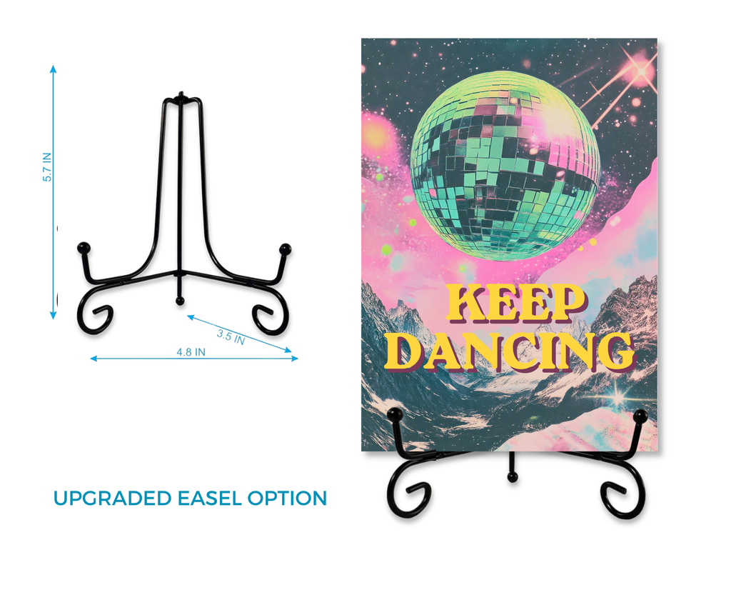 KEEP DANCING | Cardcor™ Greetings — aluminum keepsake dancing card displayed on upgraded black metal easel stand. Card+Decor by Shittay Day Designs.