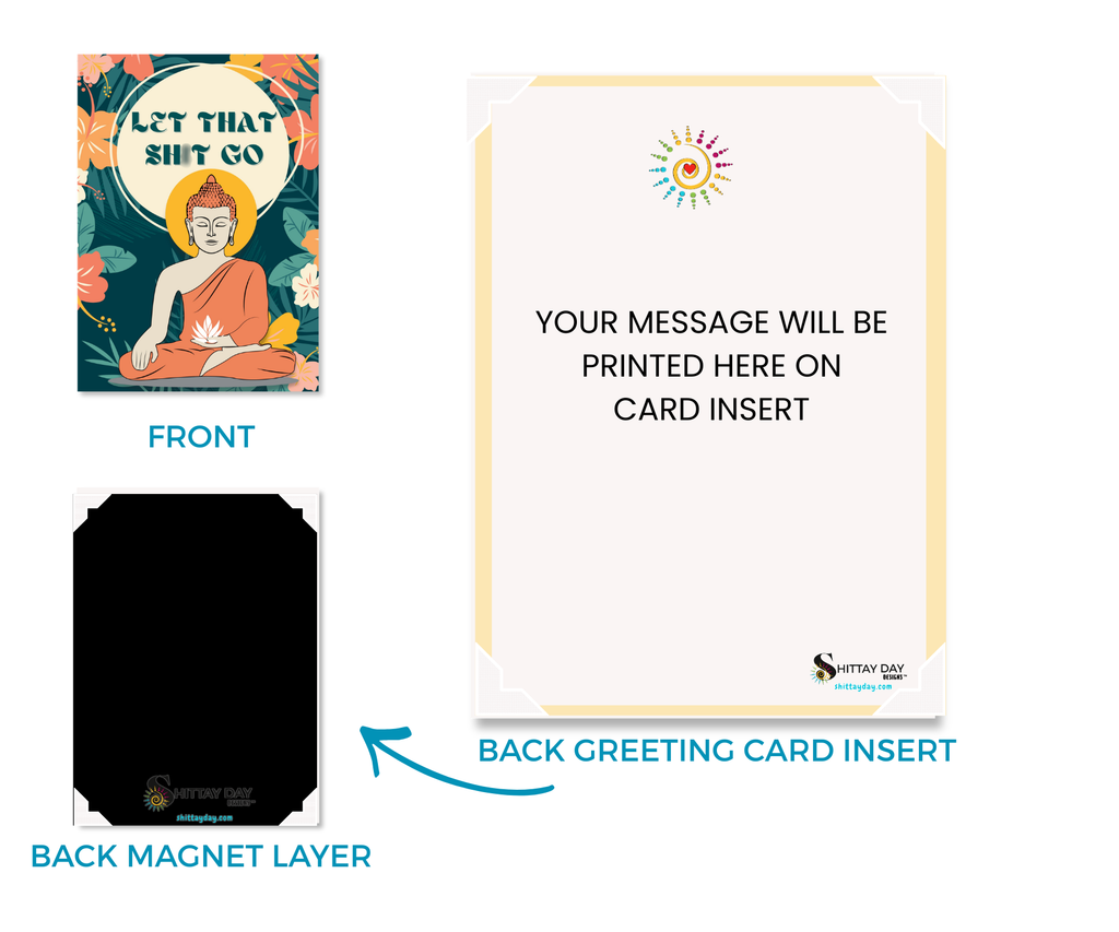 Metal greeting card with front design "Let that shit go"  text in a circle. The card features a multi color floral background with a buddha-dharma holding a white lotus flower image. an inset image for  the back magnet layer of the card, and the custom greeting message insert. 