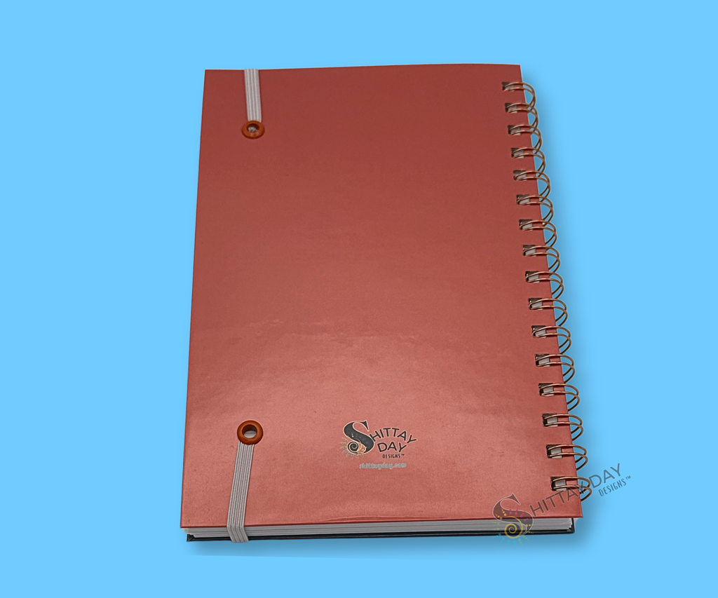 Back cover of the Let that shit go  wire bound notebook in terracotta color with  small brand logo featured on a blue background.