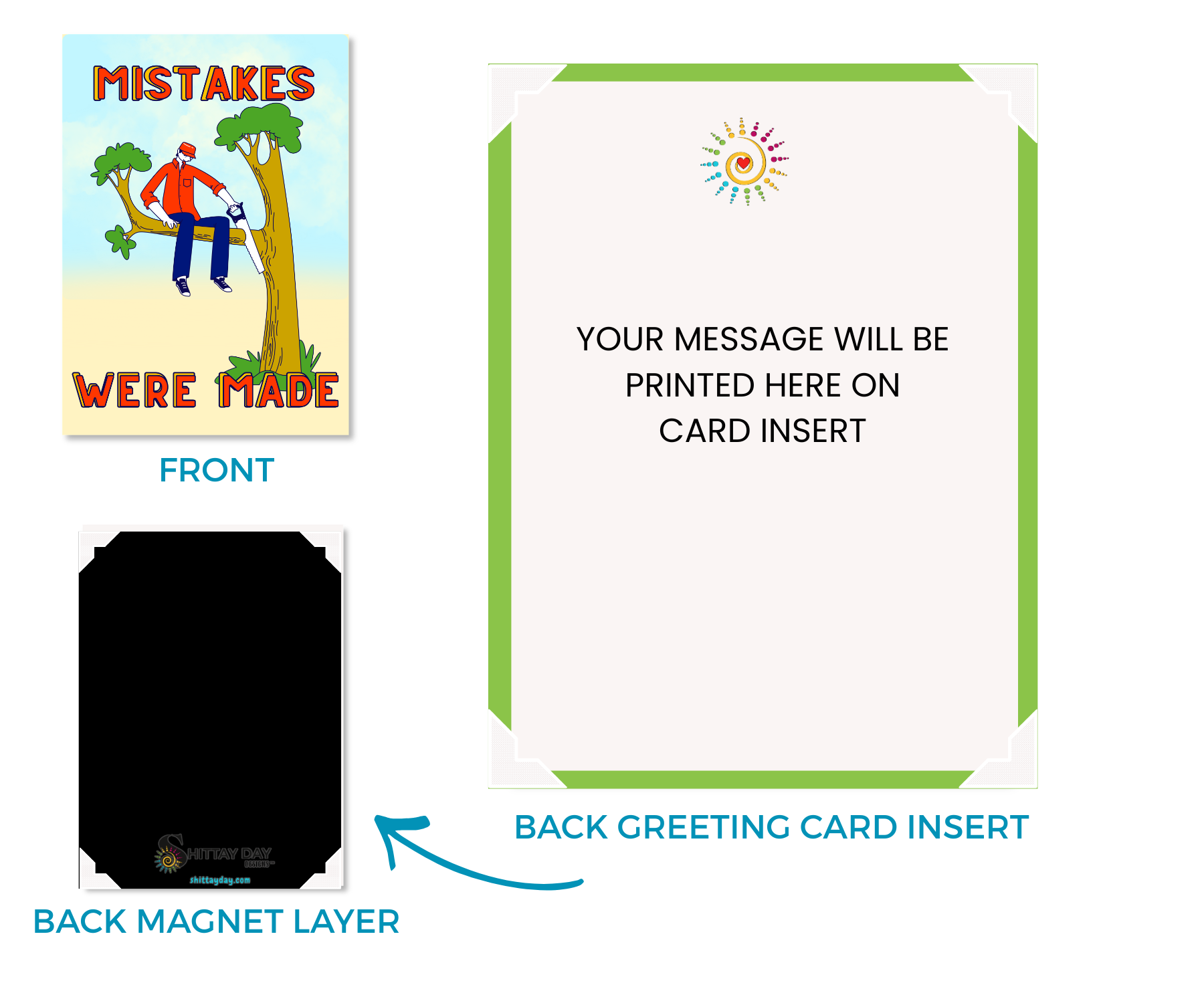 Aluminum "Mistakes Were Made" keepsake greeting card with front design and  back custom card and magnetic backing.