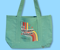 Teal pocket tote with design text 'My Emotional Baggage, who am I kidding, it would never fit',  a multicolor retro stripe, and orange starbursts. Merchandised on an light blue background.