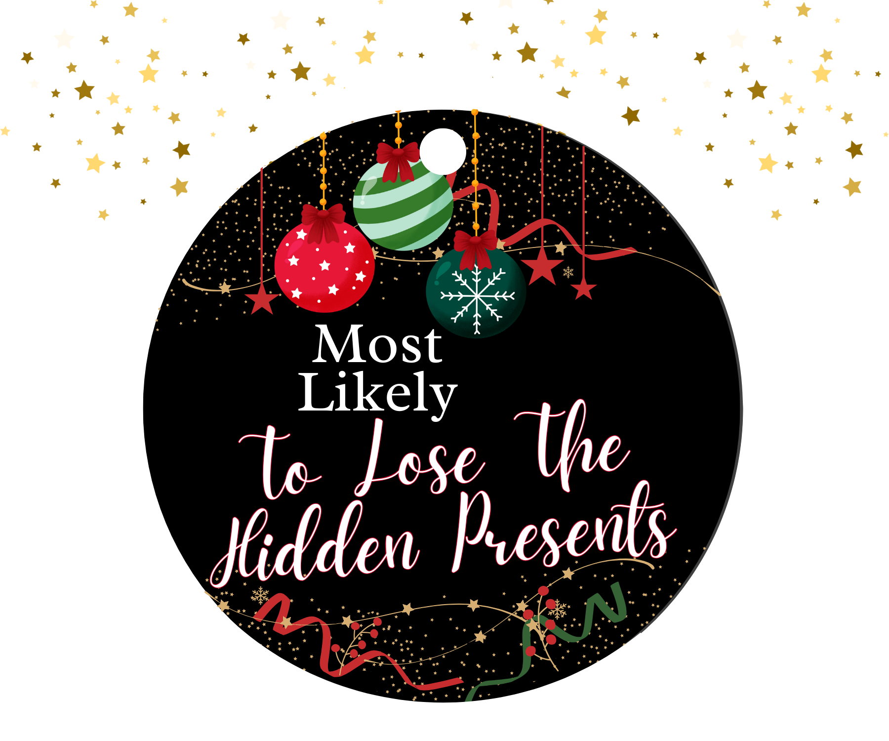 Round black ornament with red, green, and gold Christmas decorations featuring the humorous text 'Most Likely To Lose The Hidden Presents'.