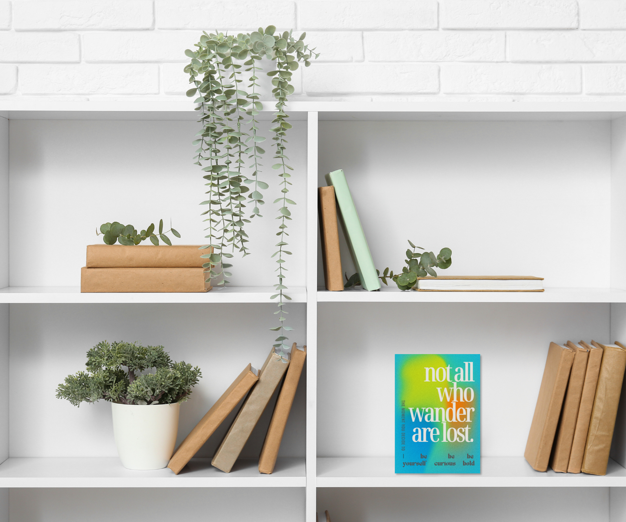 NOT ALL WHO WANDER ARE LOST | Cardcor™ Greetings — aluminum keepsake card styled on a bookshelf, shown as display-ready home decor. Card+Decor by Shittay Day Designs.