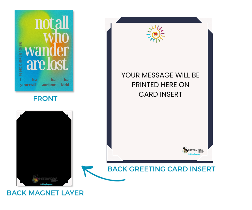 NOT ALL WHO WANDER ARE LOST | Cardcor™ Greetings — front and back of aluminum keepsake card showing magnetic back layer and custom message insert. Card+Decor by Shittay Day Designs.