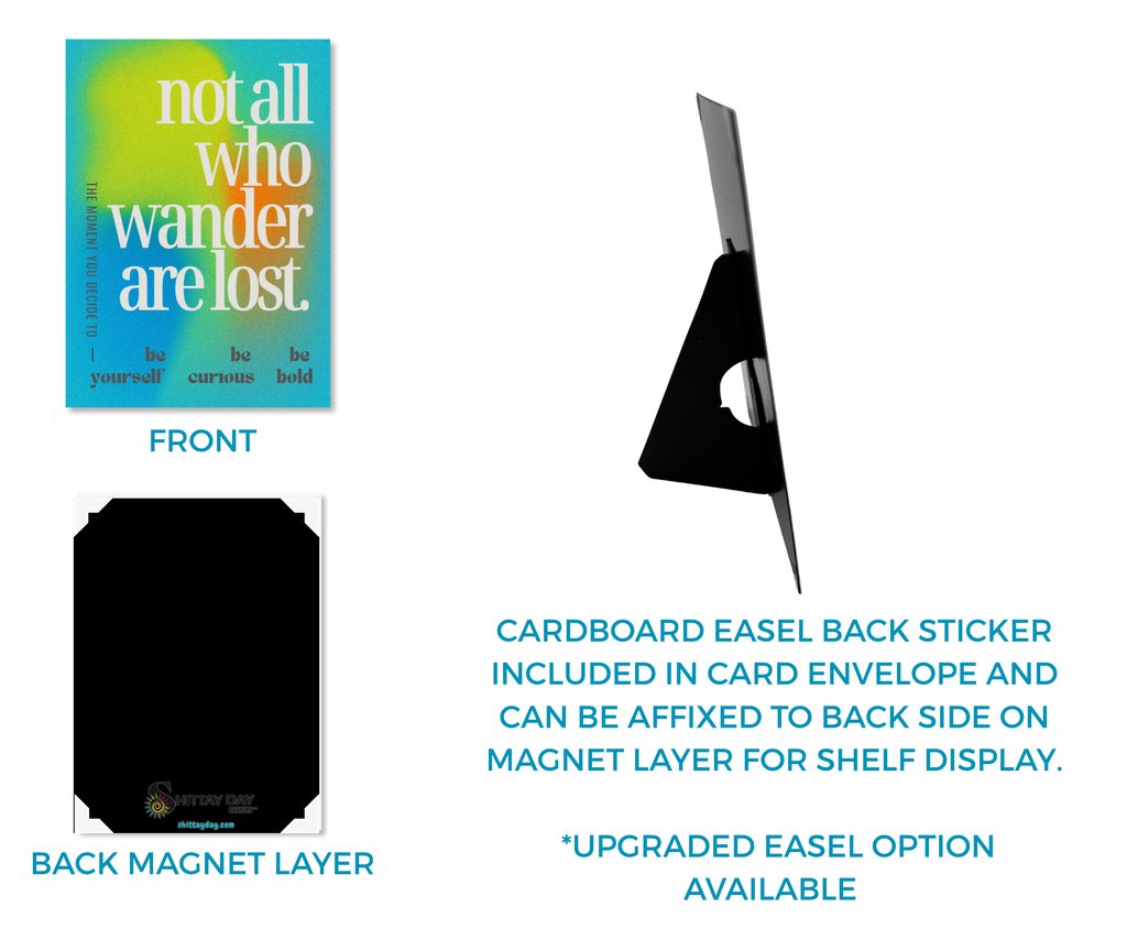 NOT ALL WHO WANDER ARE LOST | Cardcor™ Greetings — front, magnetic back panel, and included cardboard easel stand of the aluminum keepsake card. Card+Decor by Shittay Day Designs.