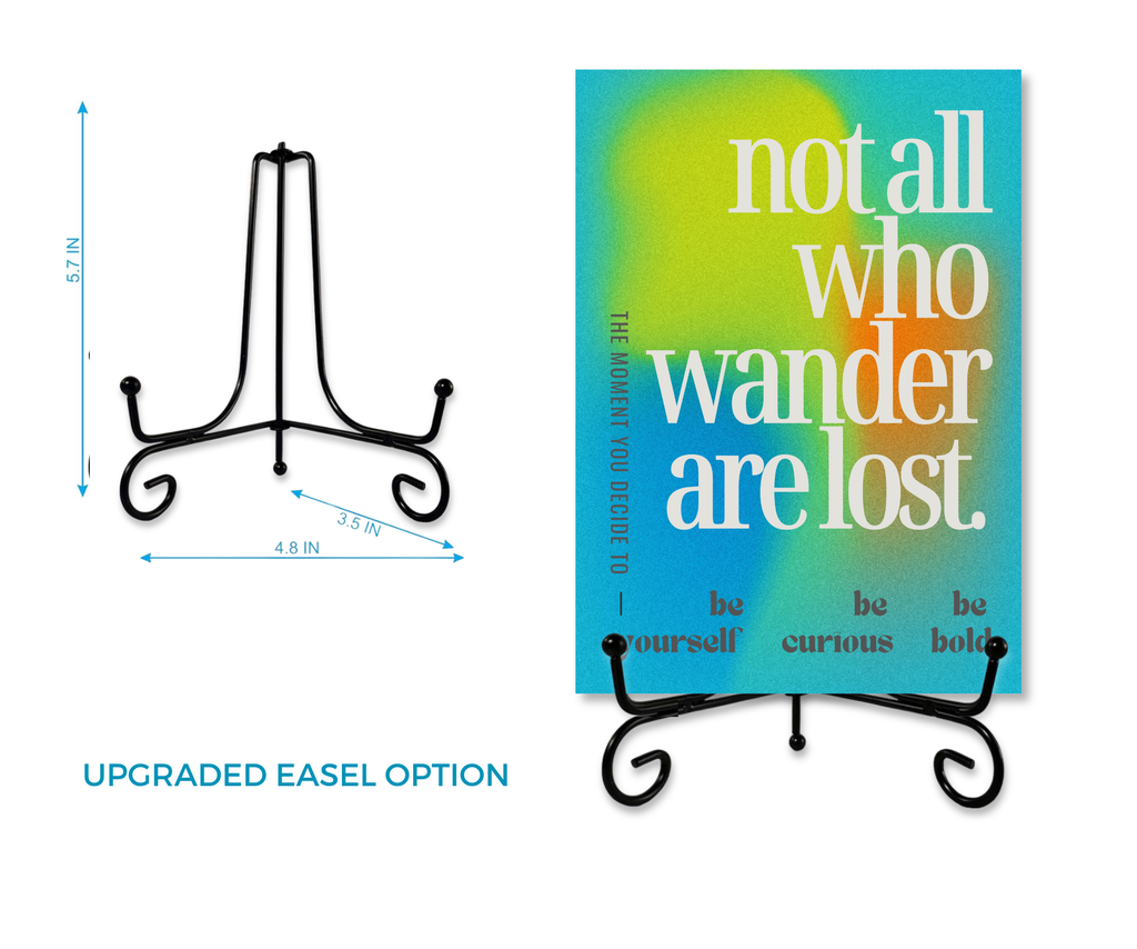 NOT ALL WHO WANDER ARE LOST | Cardcor™ Greetings — aluminum keepsake inspirational card displayed on upgraded black metal easel stand. Card+Decor by Shittay Day Designs.