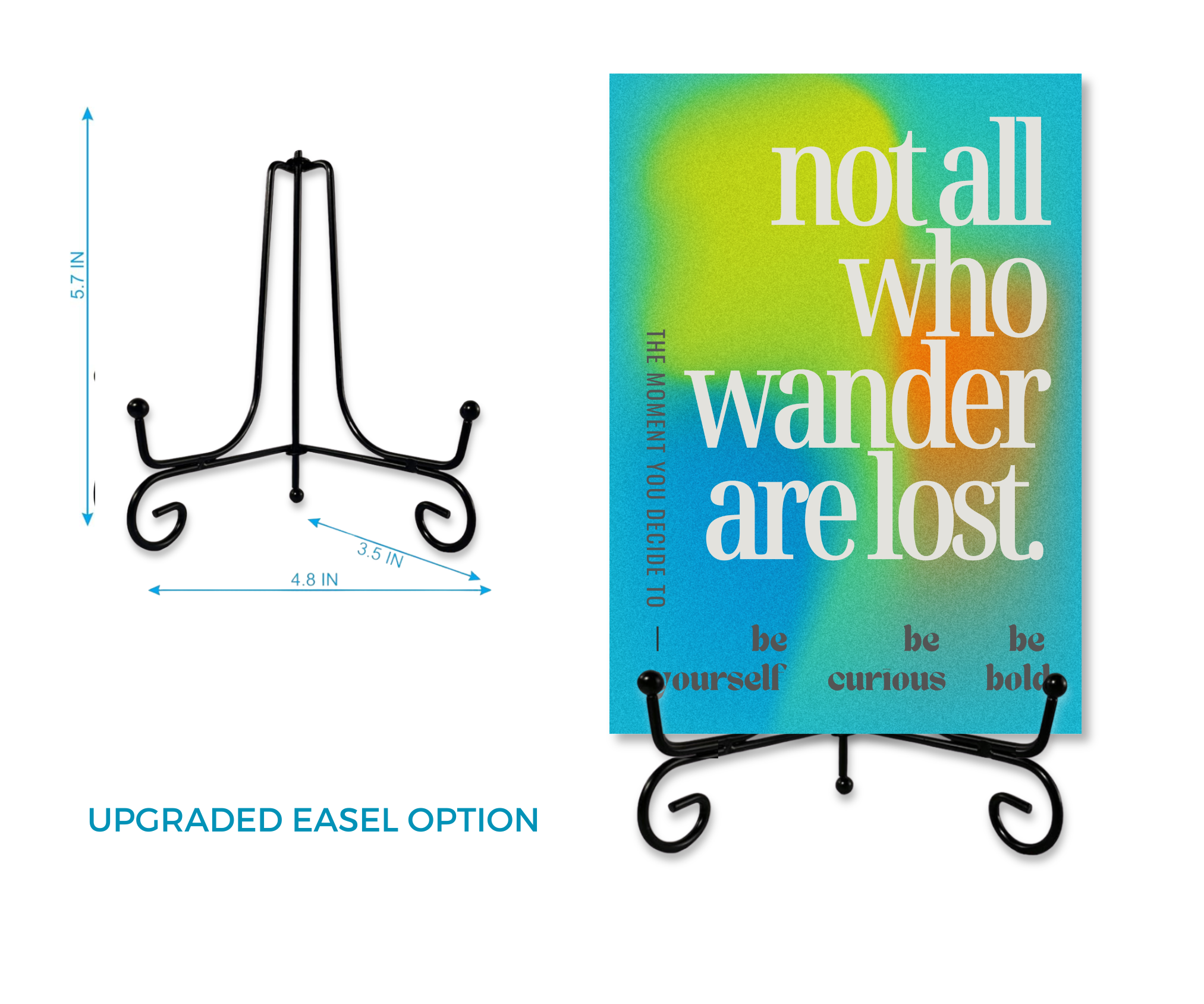 NOT ALL WHO WANDER ARE LOST | Cardcor™ Greetings — aluminum keepsake inspirational card displayed on upgraded black metal easel stand. Card+Decor by Shittay Day Designs.