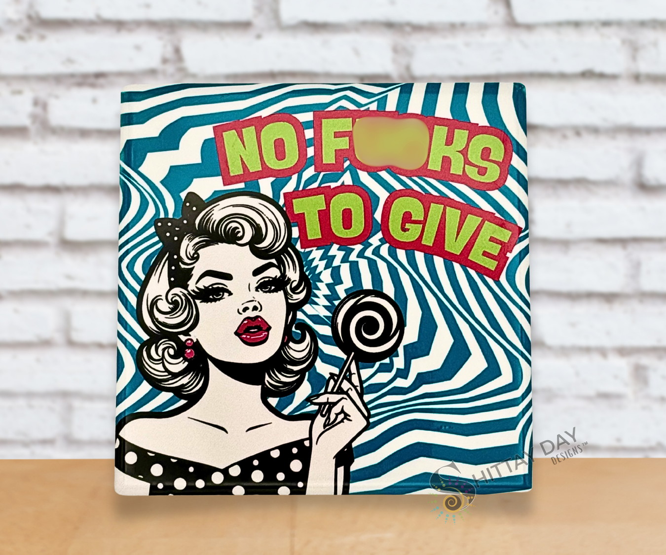 Pop culture retro stylized woman holding a lollipop and sassy text 'NO F*CKS TO GIVE' on a blue striped background.