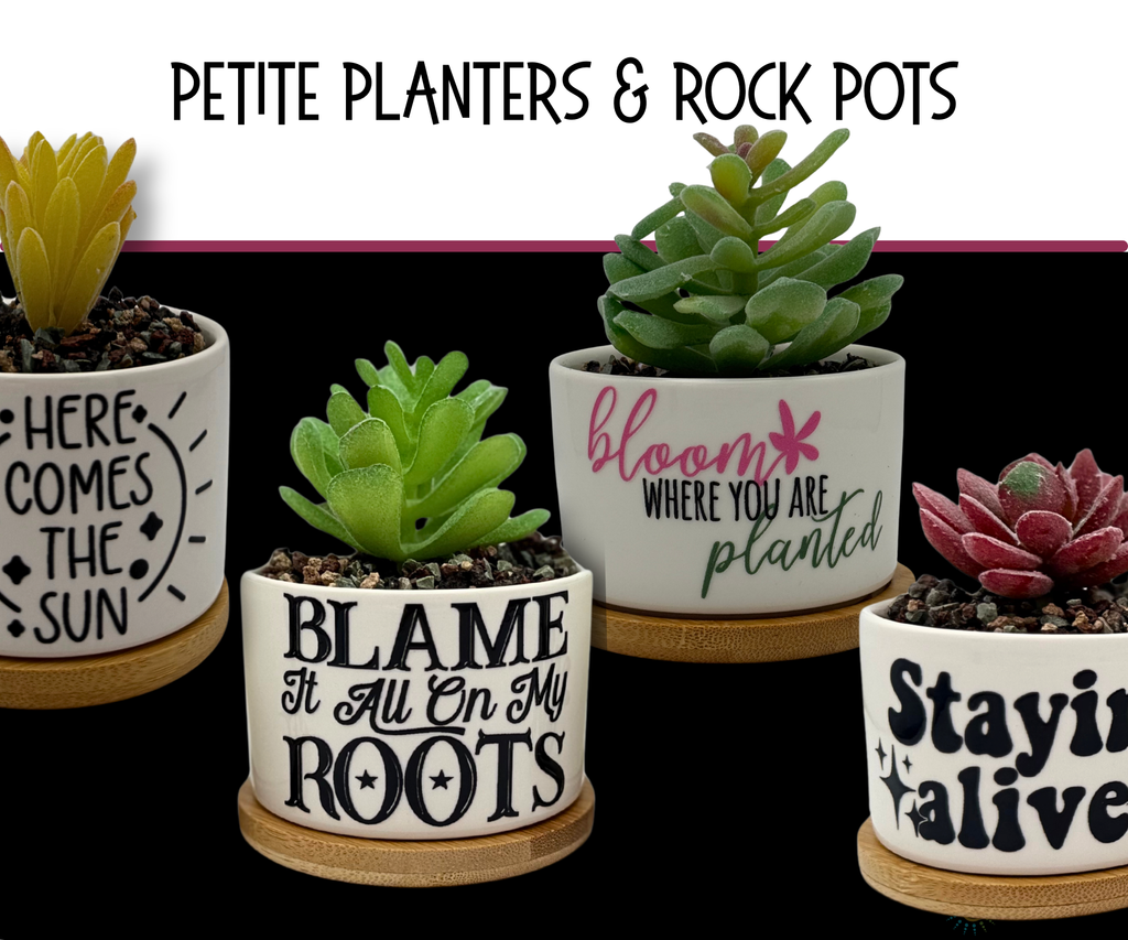 Petite Planters & Rock Pots™ collection lineup — four white ceramic planters with assorted succulents on wooden saucers, "Here Comes The Sun," "Blame It All On My Roots," "Bloom Where You Are Planted," and "Stayin' Alive," under a "Petite Planters & Rock Pots" header. Planters by Shittay Day Designs.
