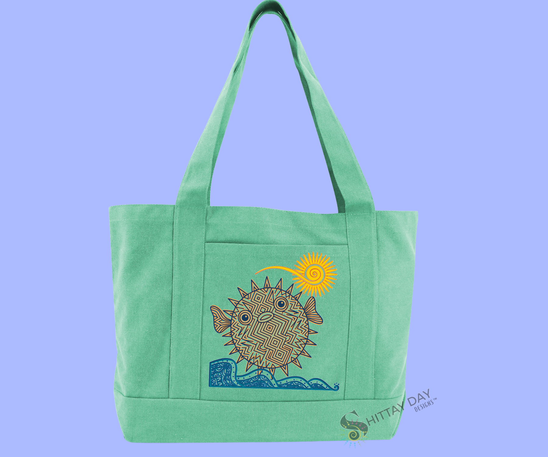 PUFFER FISH -SEA GLASS GREEN 100% COTTON CANVAS POCKET TOTE