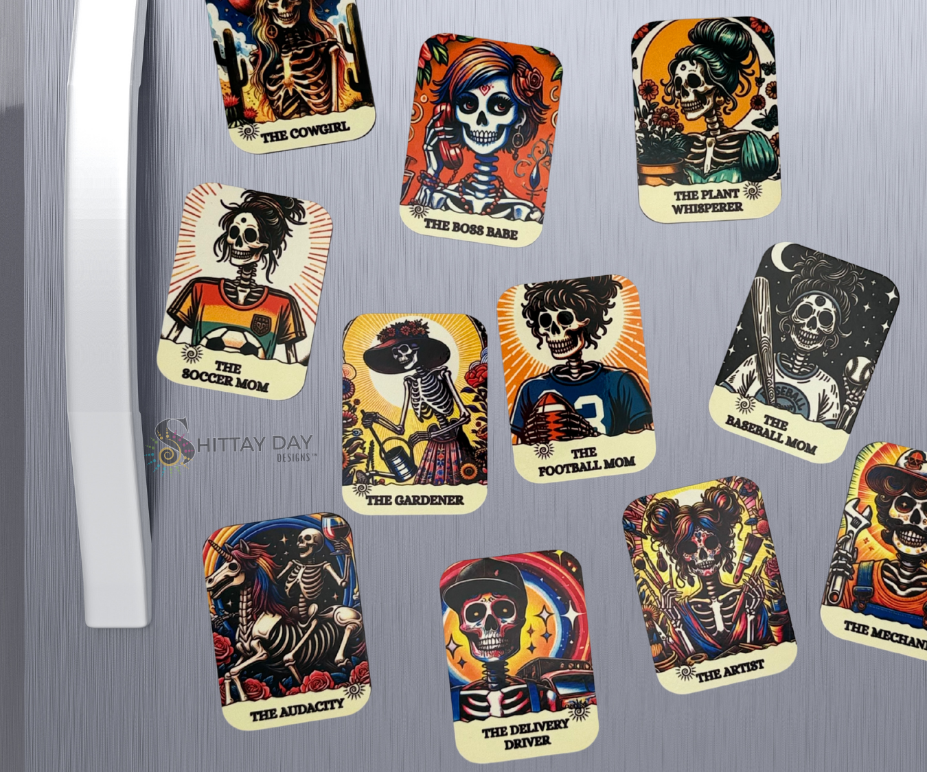 Collection of skeleton-themed Bone-afide Personality Magnets on a metallic surface