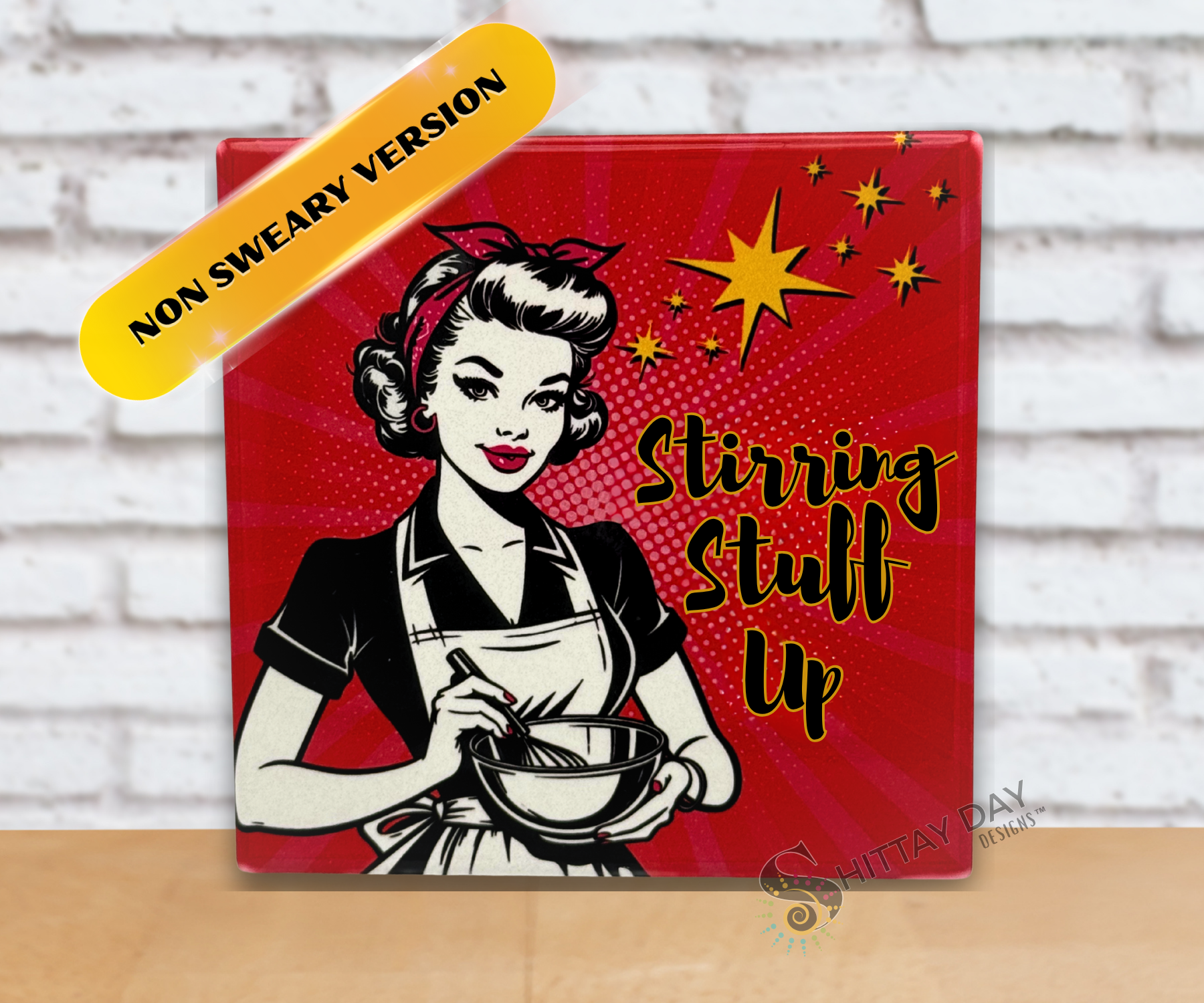 Pop Culture retro vibe ceramic coaster with  a woman in an apron holding a  whisk and bowl with the sassy text 'Stirring Stuff Up' on a red starburst background.