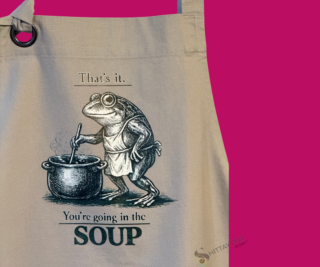 THAT'S IT, YOU'RE GOING IN THE SOUP FUNNY COOKING FROG BIB APRON WITH POCKETS - GRAY